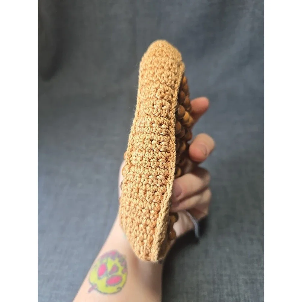 Small Vintage Purse Handmade Crocheted With Wooden Bead Wrist Handheld Bag Beige